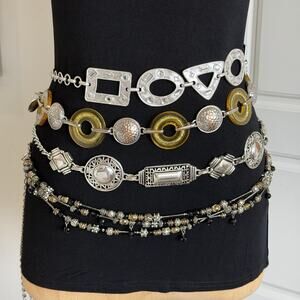 Chico's Gold Silver Metal Beaded Chain Hip Belt Lot of 4 Statement Retro Vintage